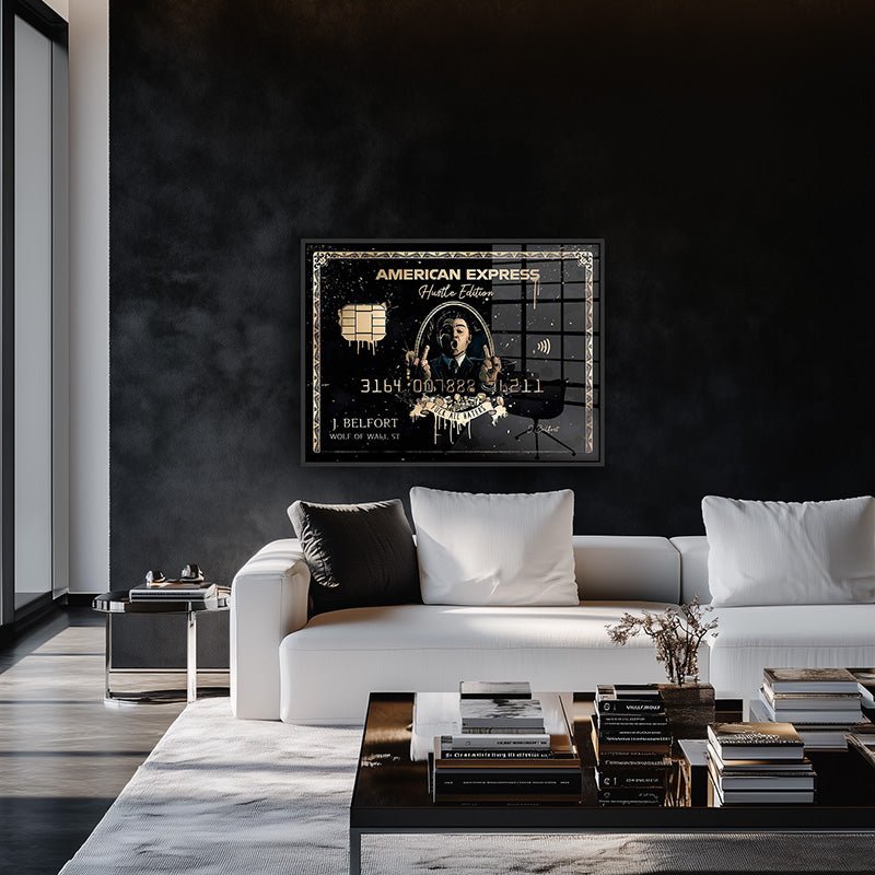 American Express painting in a black frame inside