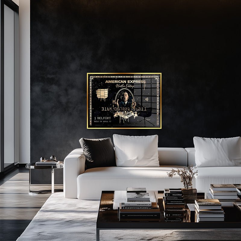 American Express painting in a gold frame inside