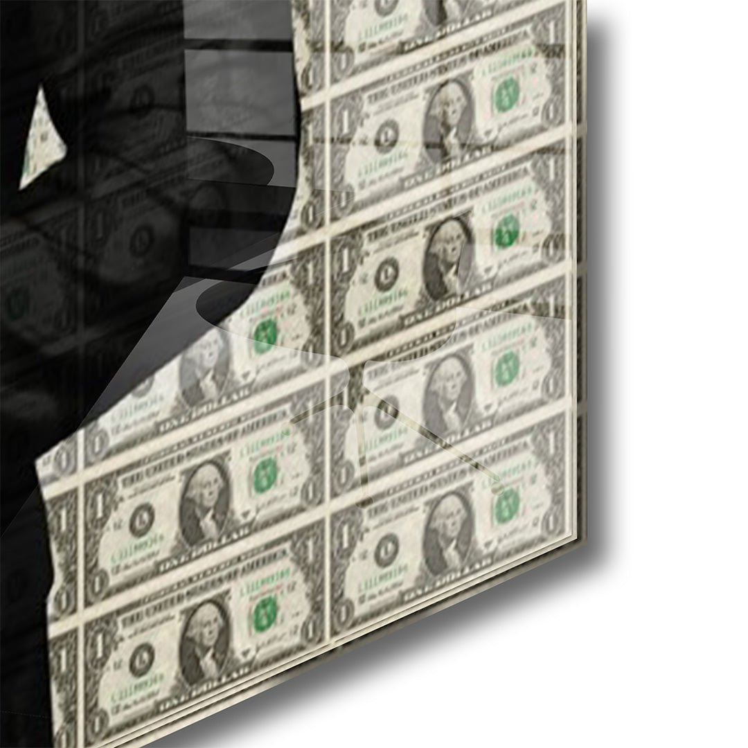 James bond suit dollars glasschilderij hoekfoto