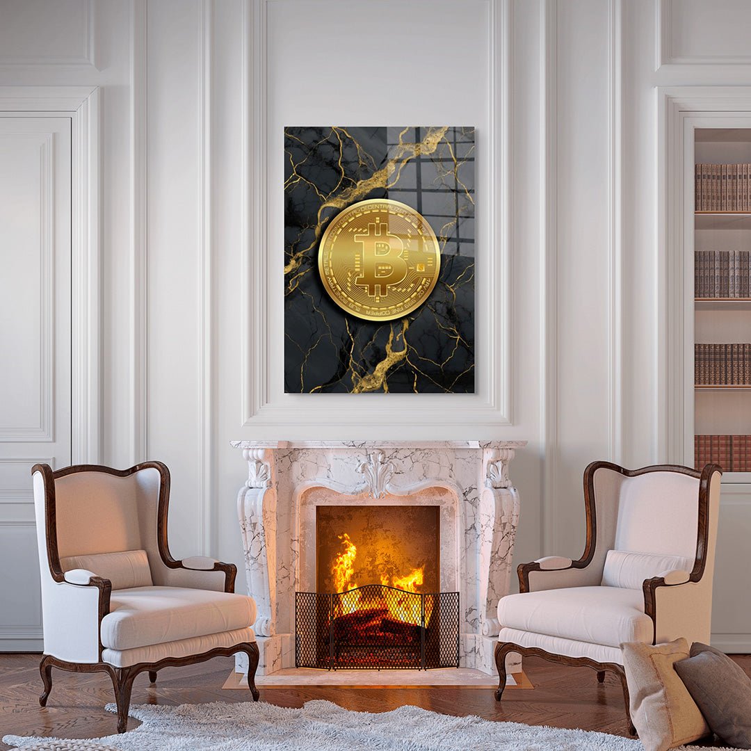 Gouden Bitcoin glasschilderij interieur