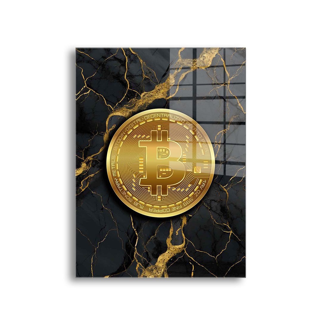 Gouden Bitcoin glasschilderij voorkant