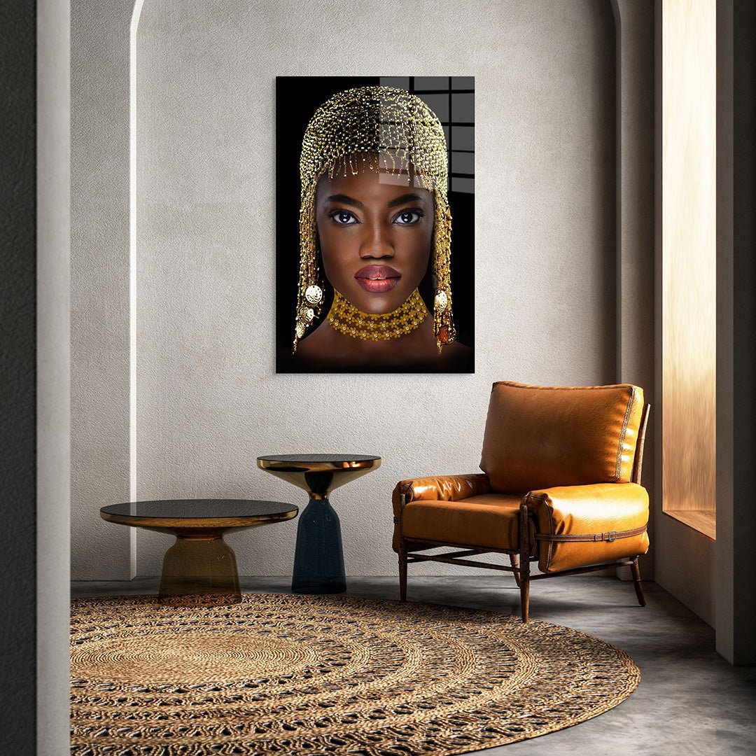 Gouden vrouw glasschilderij interieur