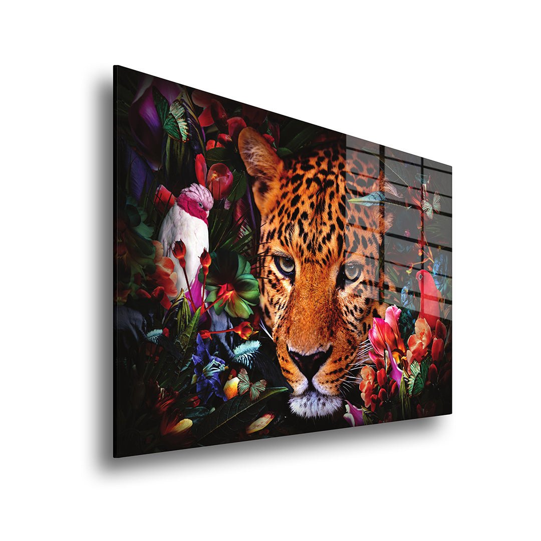 Panter met bloemen glasschilderij zijkant