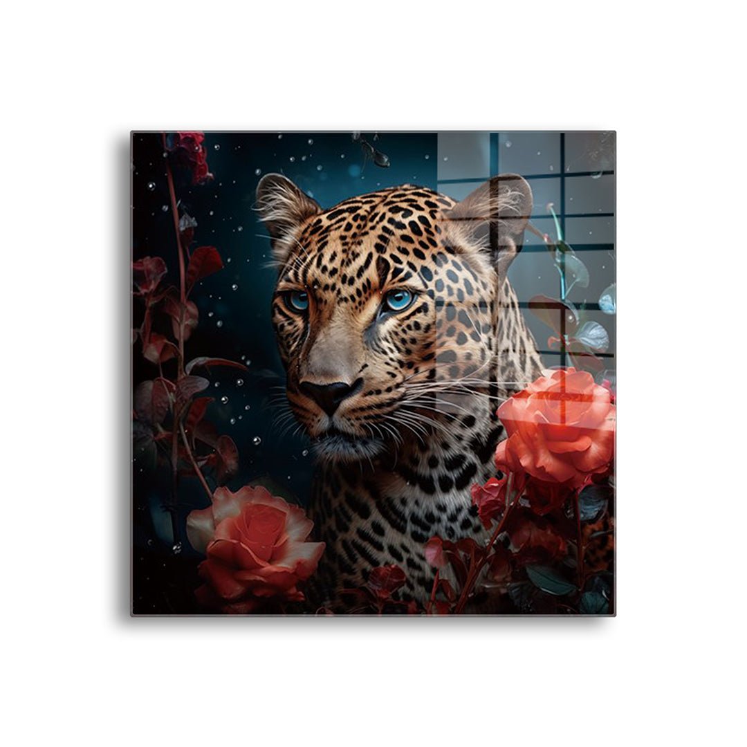 Panter met rozen glasschilderij voorkant