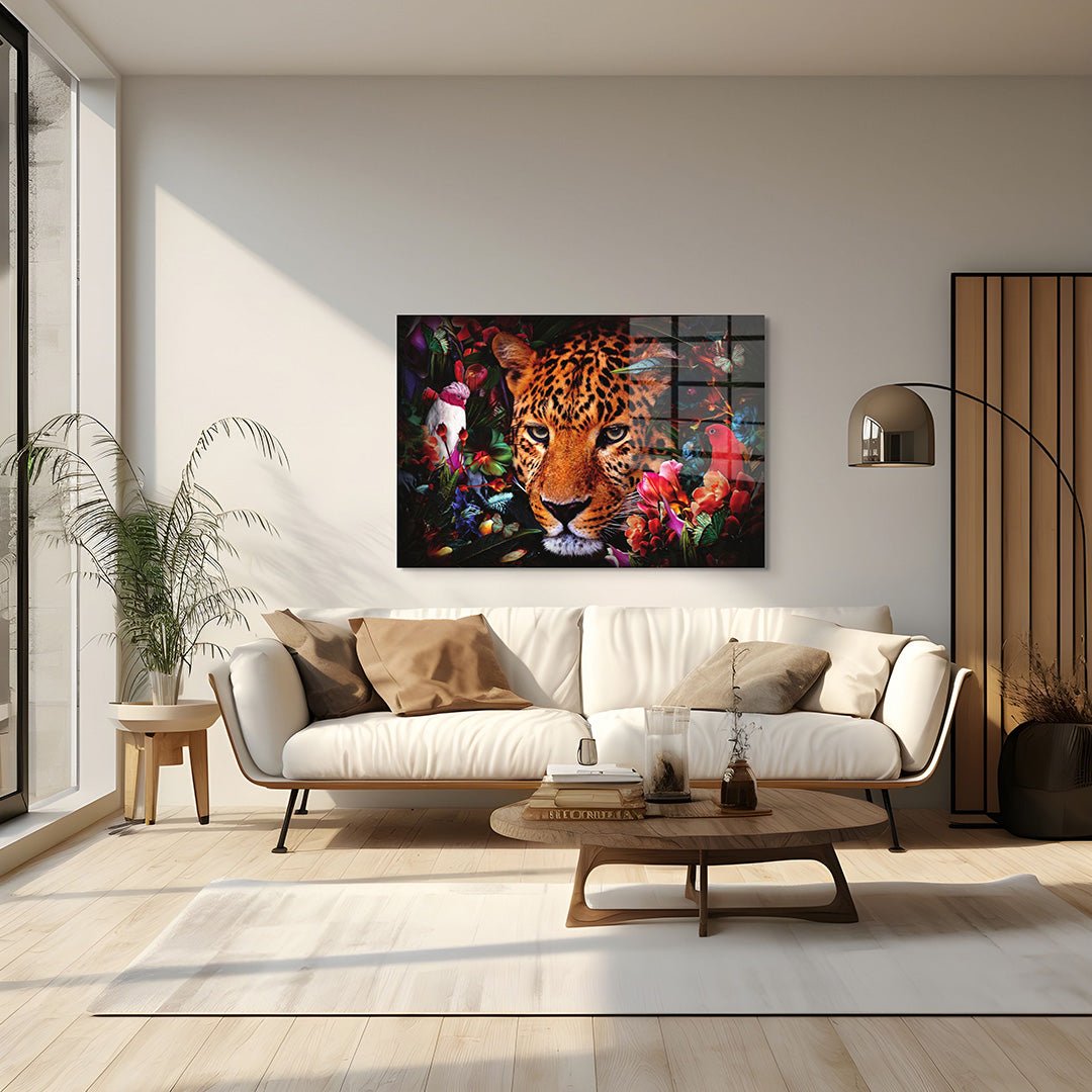 Panter met bloemen glasschilderij interieur