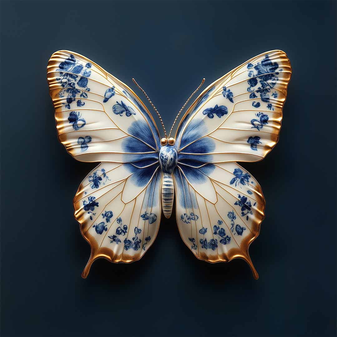 porseleinen delfts blauwe vlinder glasschilderij ontwerp