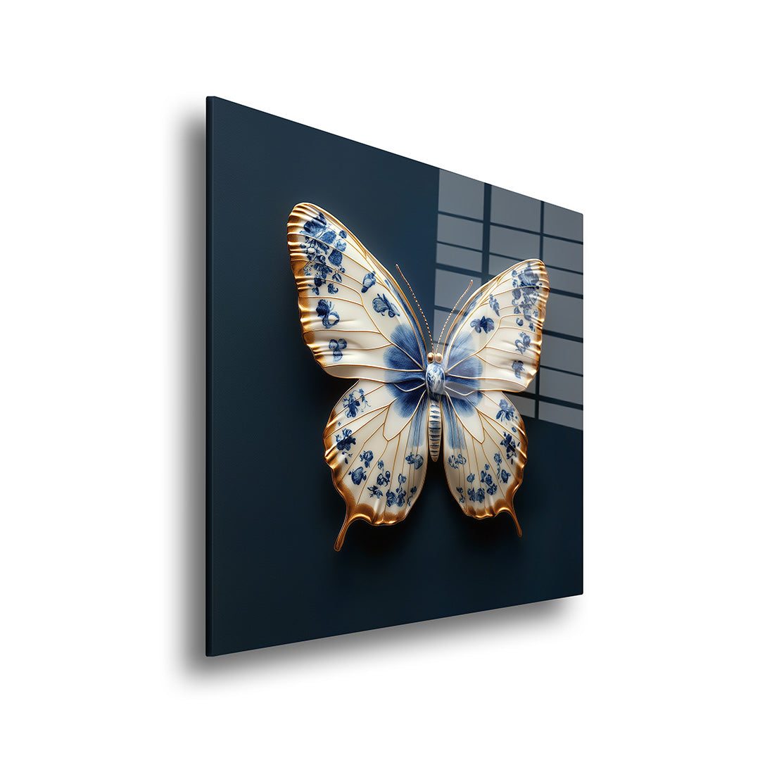 porseleinen delfts blauwe vlinder glasschilderij zijkant