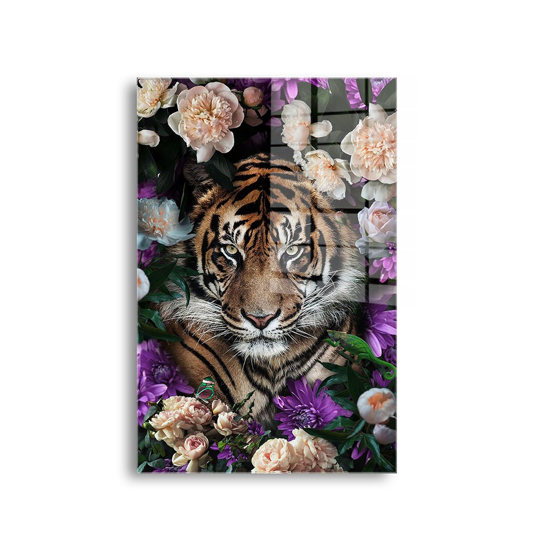 Tijger met bloemen glasschilderij voorkant