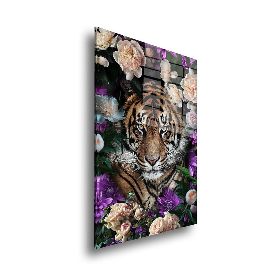 Tijger met bloemen glasschilderij zijkant