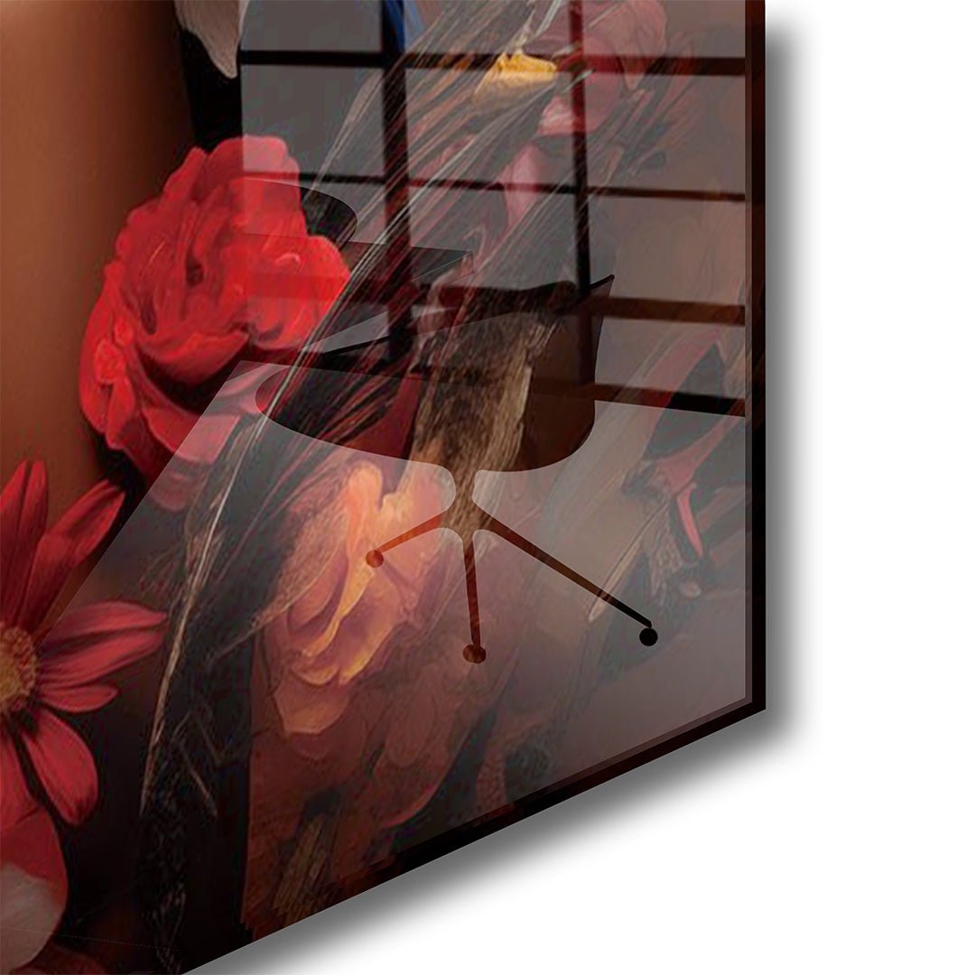 Vrouw met bloemen glasschilderij hoekfoto