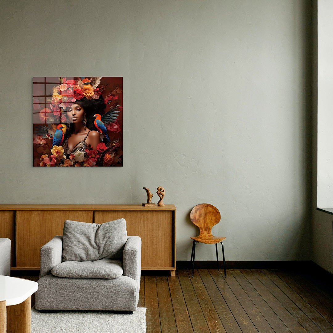 Vrouw met bloemen glasschilderij interieur