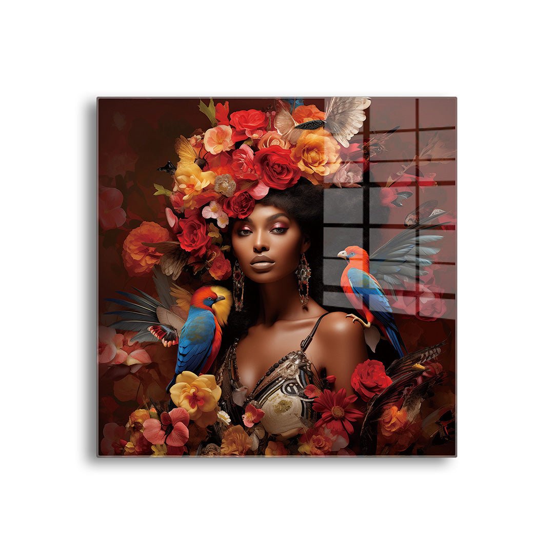 Vrouw met bloemen glasschilderij voorkant