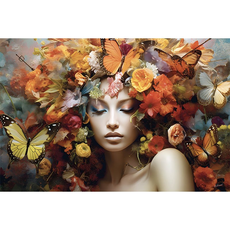 Vrouw met bloemenhoofd glasschilderij ontwerp