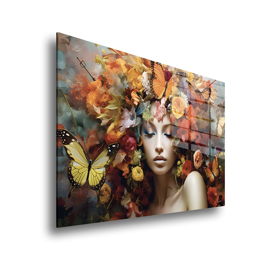 Vrouw met bloemenhoofd glasschilderij zijkant