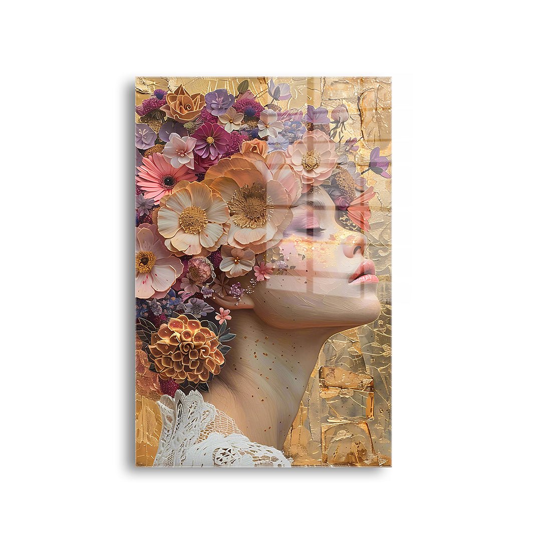 Vrouw met bloemenversiering glasschilderij voorkant