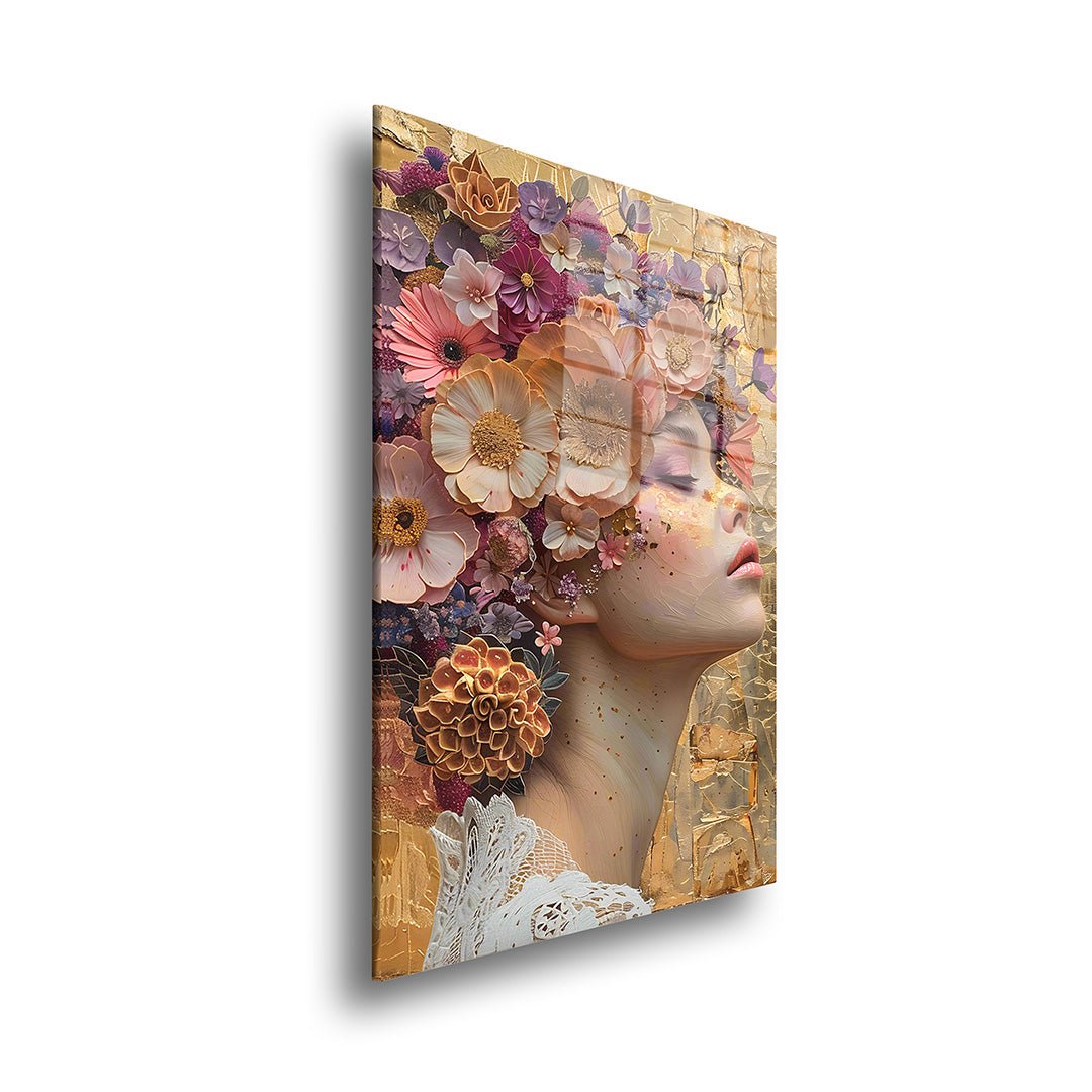 Vrouw met bloemenversiering glasschilderij zijkant