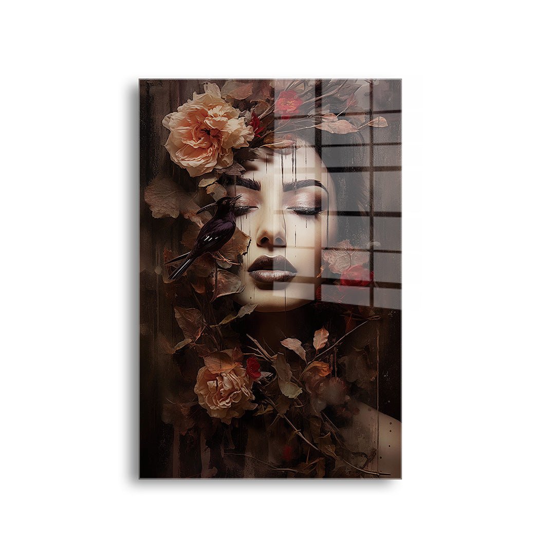 Vrouw met donkere bloemen glasschilderij voorkant