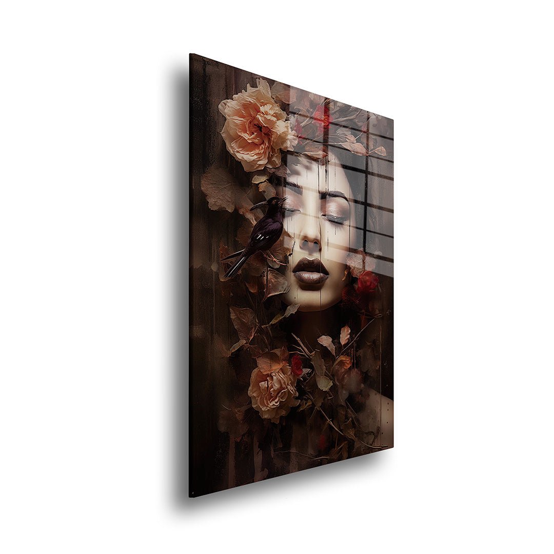 Vrouw met donkere bloemen glasschilderij zijkant