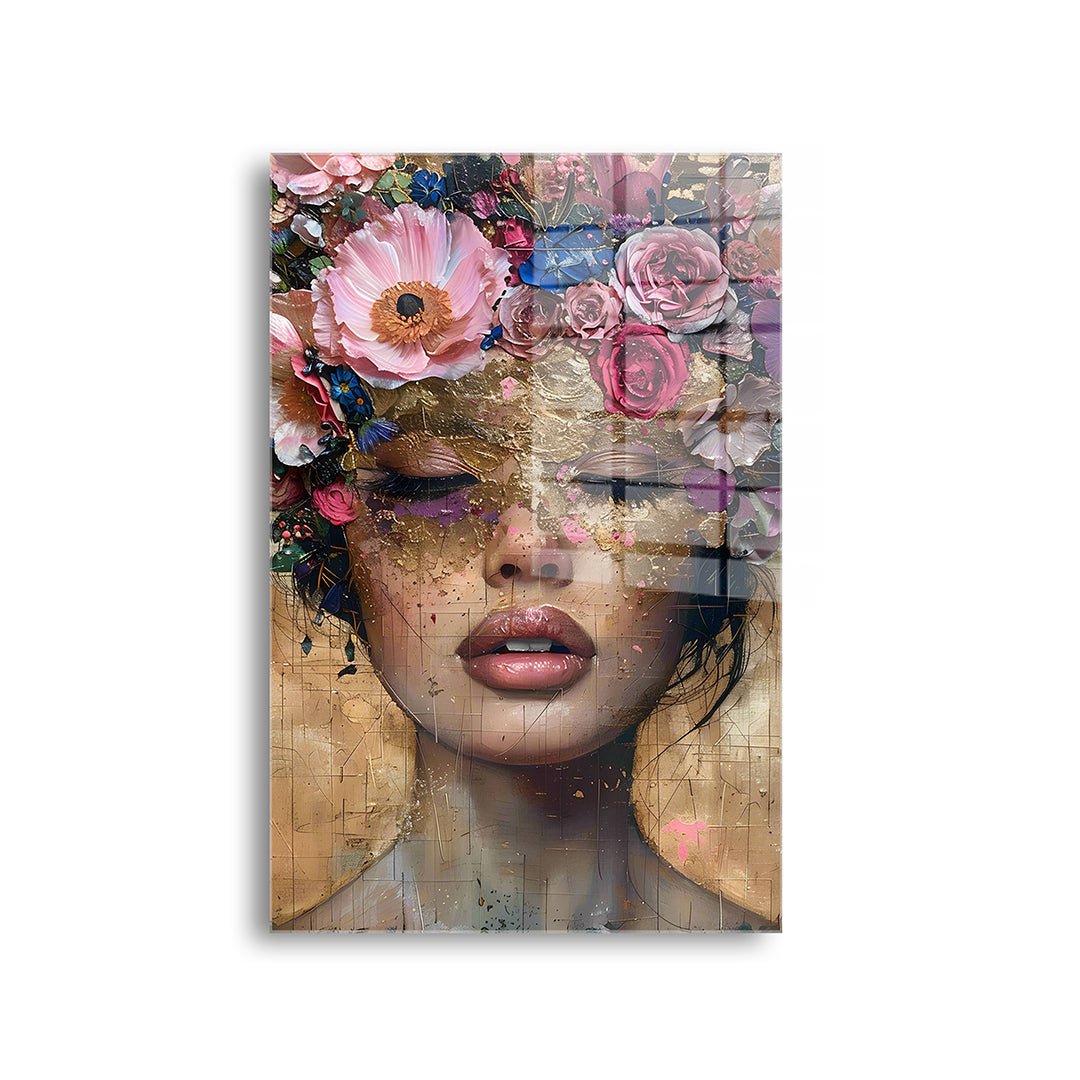 Vrouw met kleurige bloemen glasschilderij voorkant