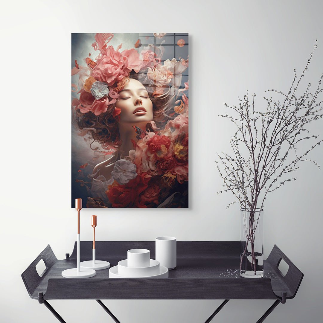 Vrouw met rode bloemen glasschilderij interieur