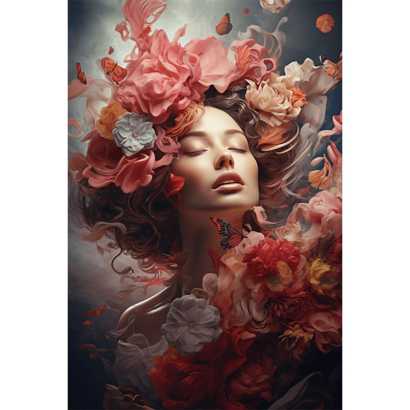 Vrouw met rode bloemen glasschilderij ontwerp