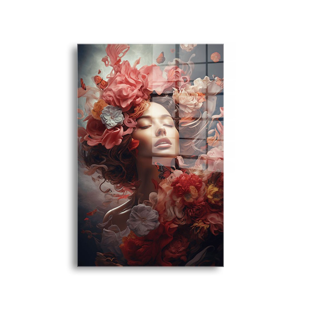 Vrouw met rode bloemen glasschilderij voorkant