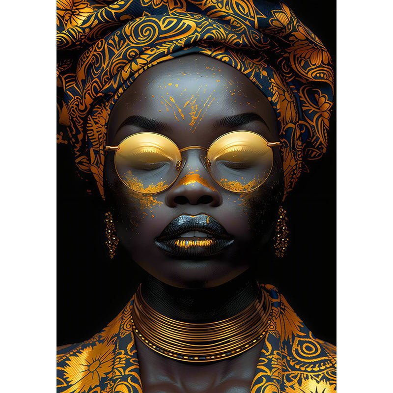 Woman with golden glasses glass painting without frame design