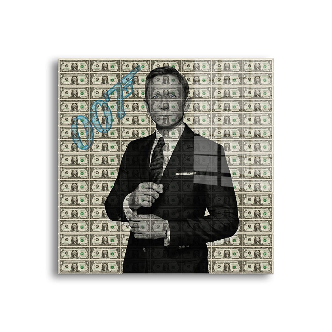 James bond suit dollars glasschilderij voorkant