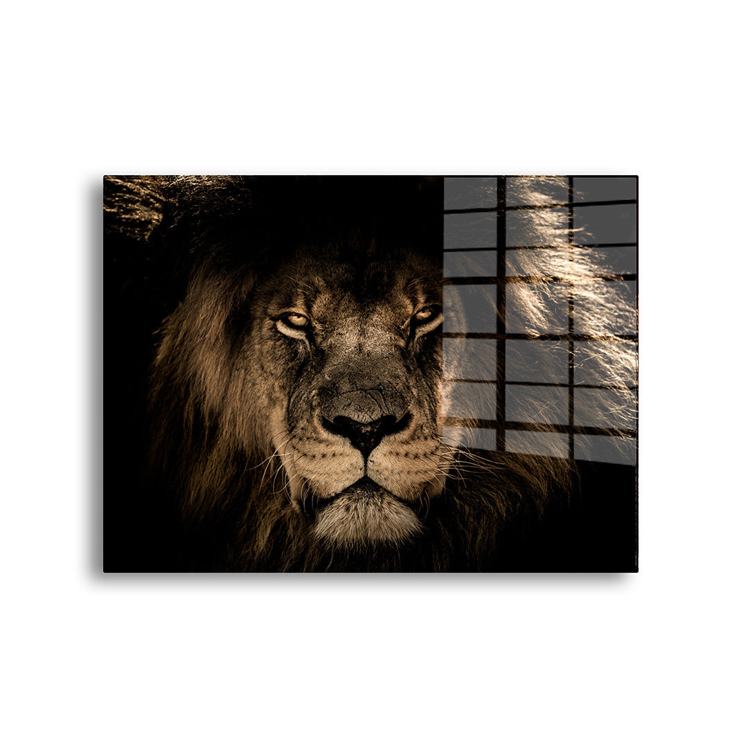 Lion portrait glass painting without frame front view