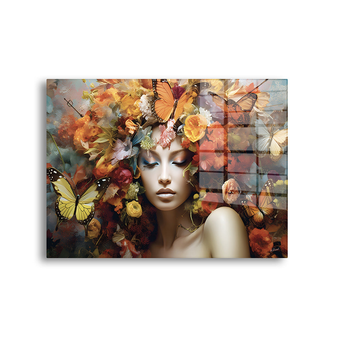 Woman with flower head glass painting without frame front view