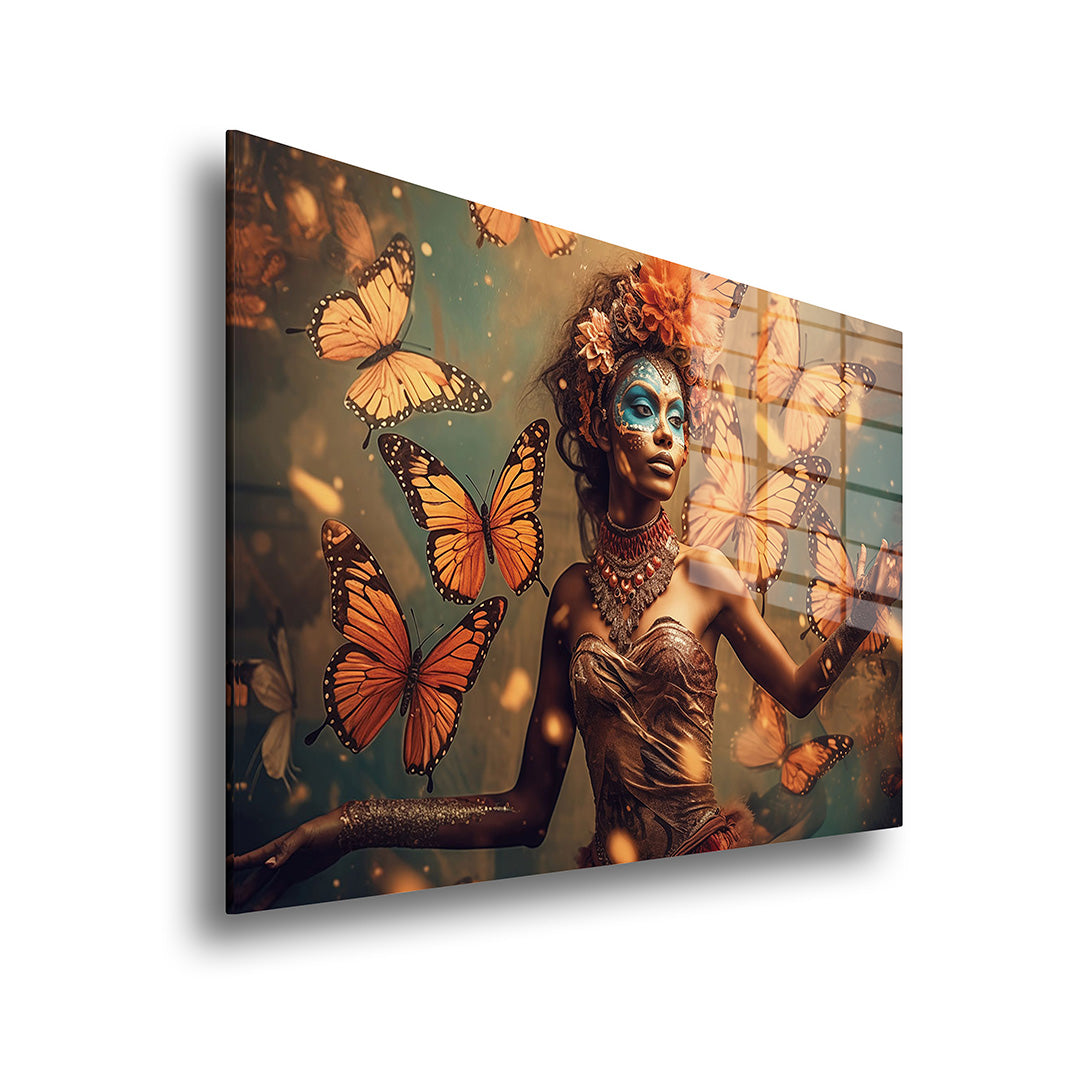 Butterfly Woman glass painting without frame, side view