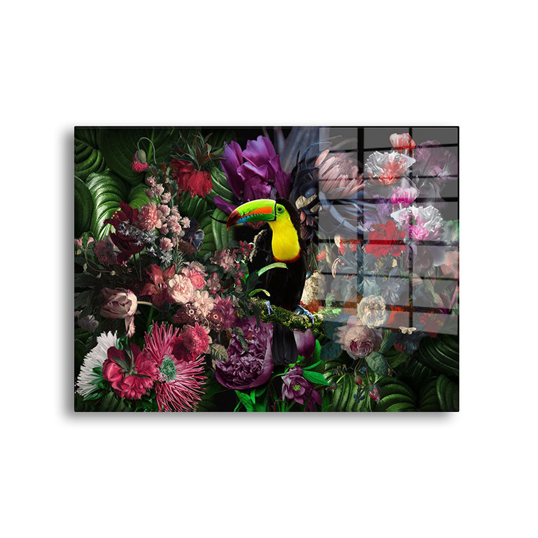 Flower Toucan glass painting without frame, front view