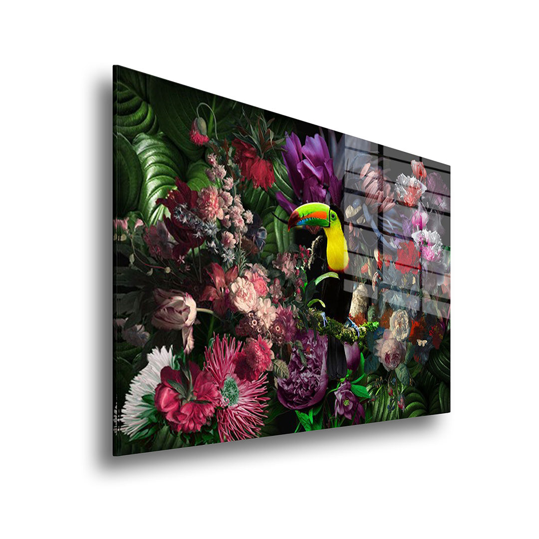 Flower Toucan glass painting without frame, side view