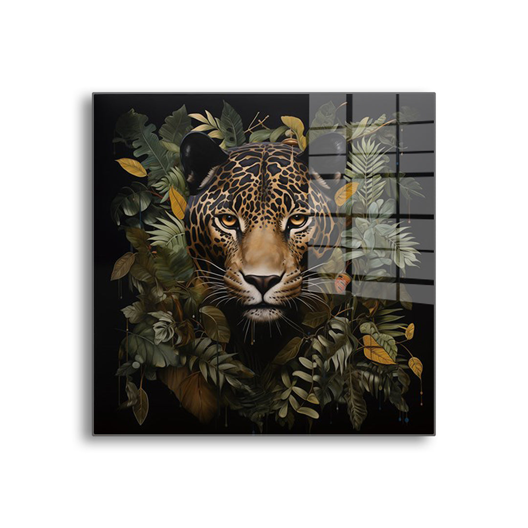 Jungle Panther glass painting without frame, front view.