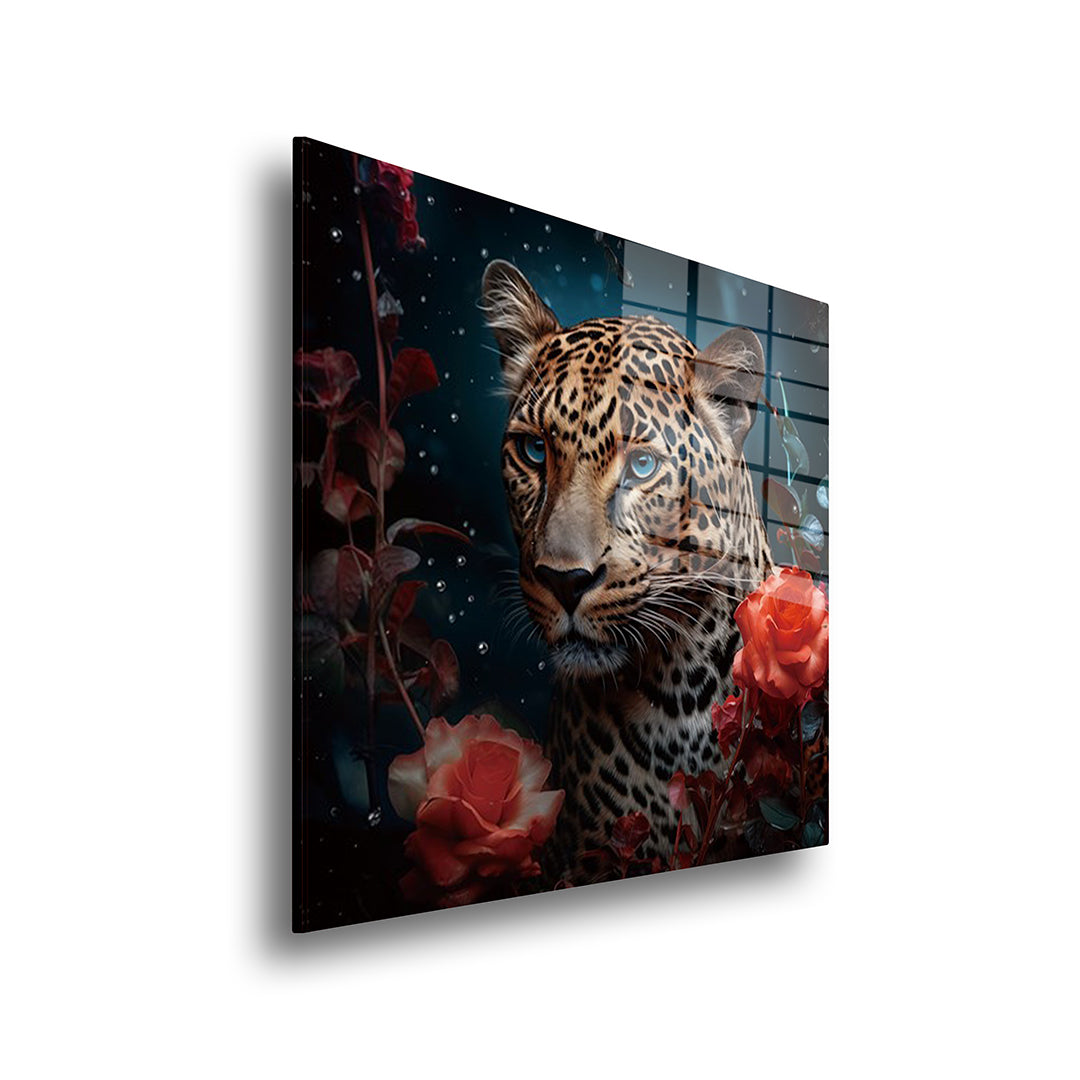 Panther with Roses glass painting without frame, side view