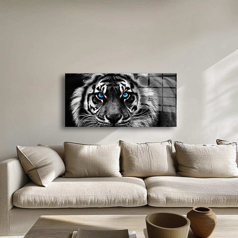 Tiger with Blue Eyes glass painting without frame inside