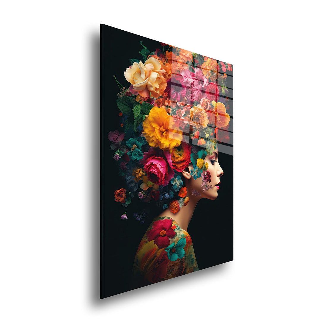 Woman with bright colors glass painting without frame side view