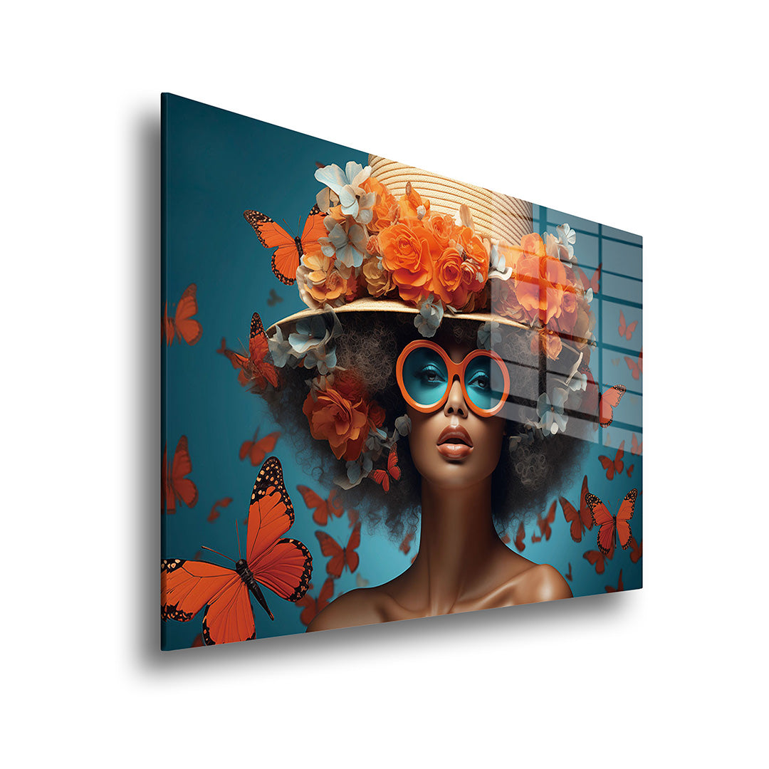 Woman with butterflies glass painting without frame side view