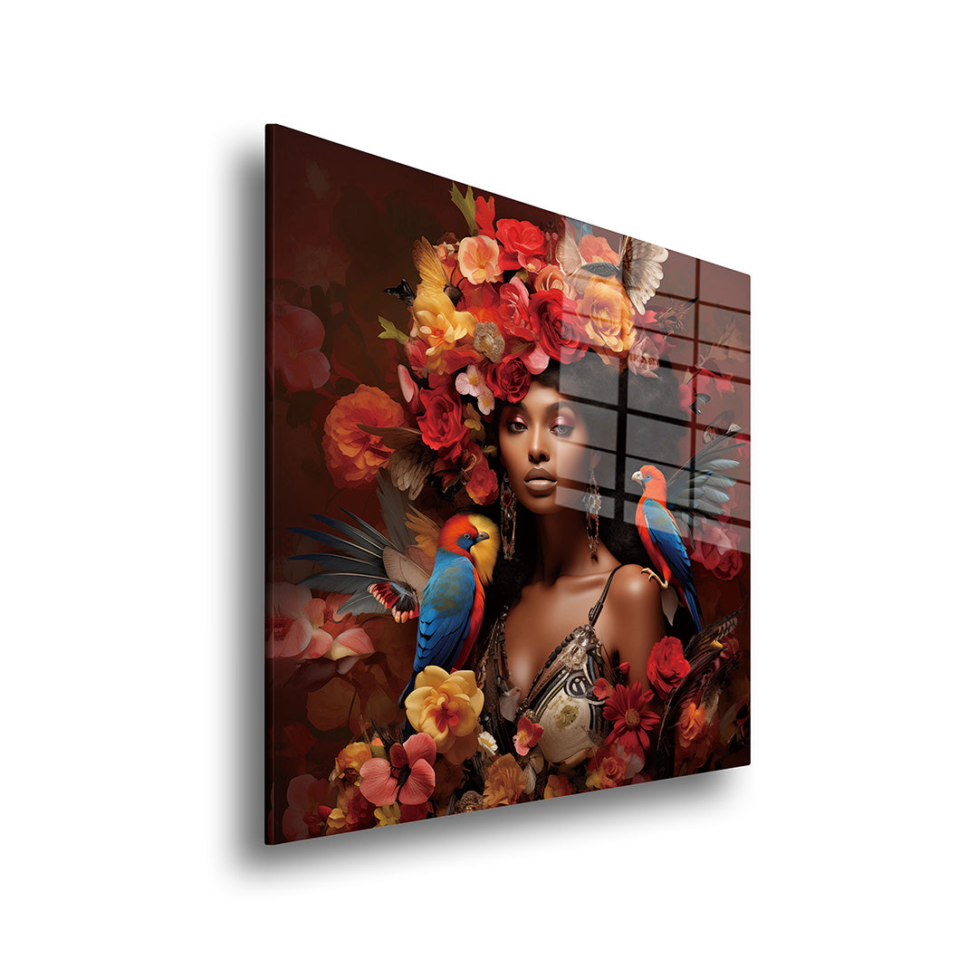 Woman with flowers glass painting without frame side view