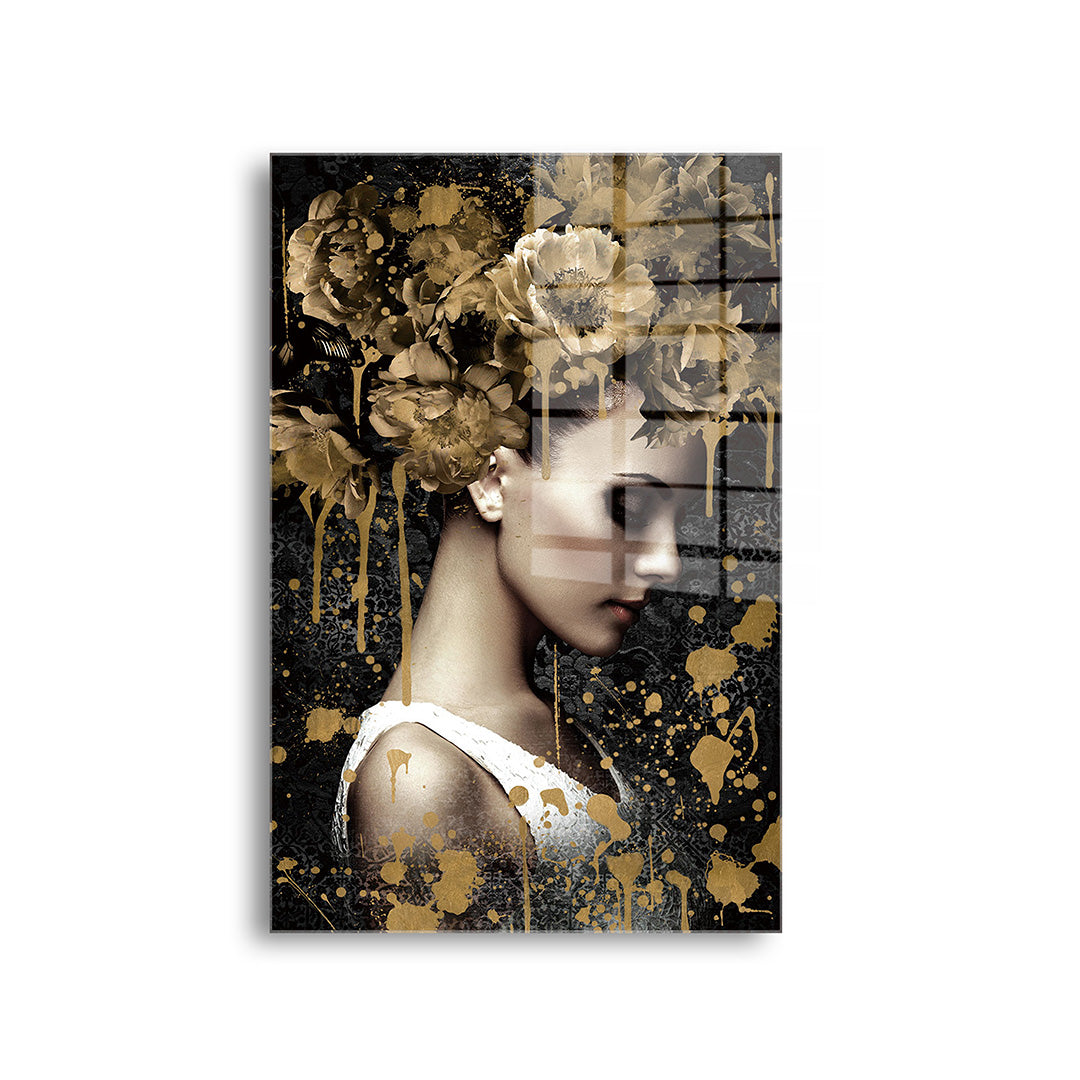 Woman with golden flowers glass painting without frame front view