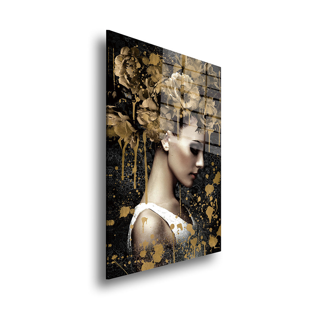 Woman with golden flowers glass painting without frame side view