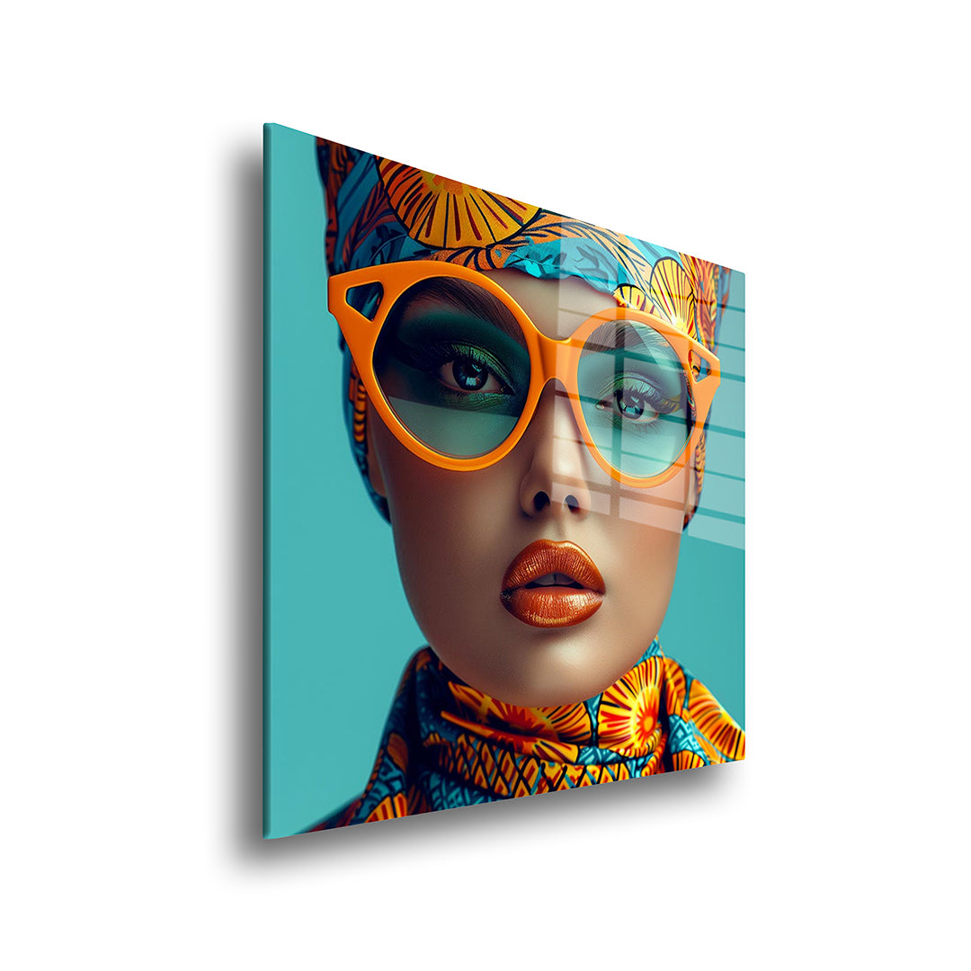 Woman with orange glasses glass painting without frame side view